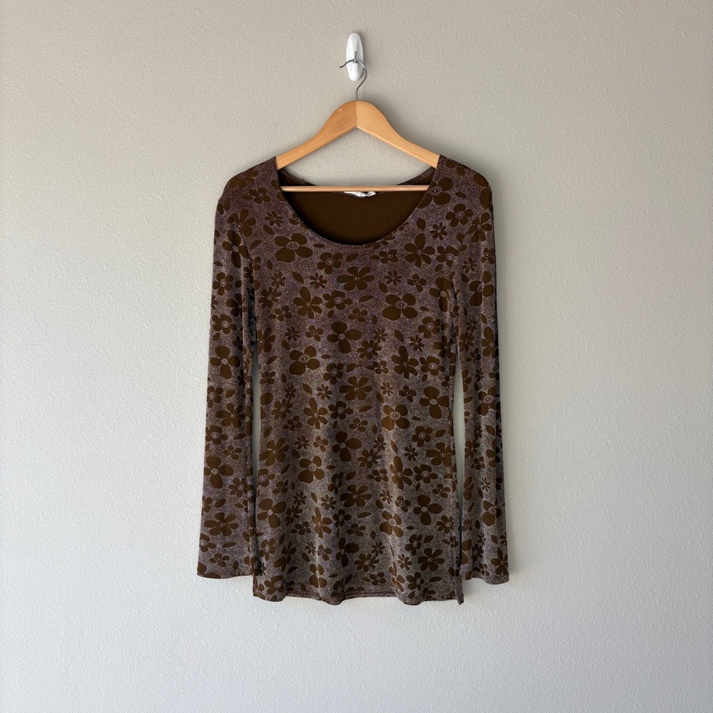 vintage 70s 80s Instant Action brown floral long sleeve mini dress